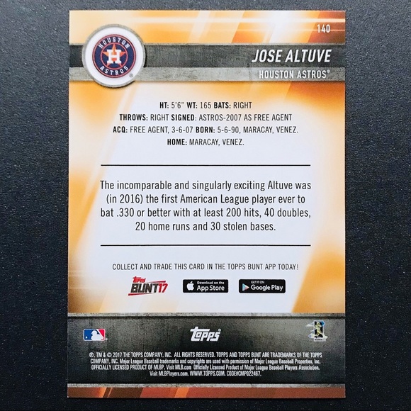 Jose Altuve - 2017 Topps Bunt #140 - Picture 2 of 2